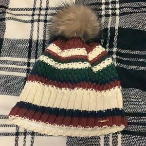 LL Bean multicolor striped beanie hat with pom